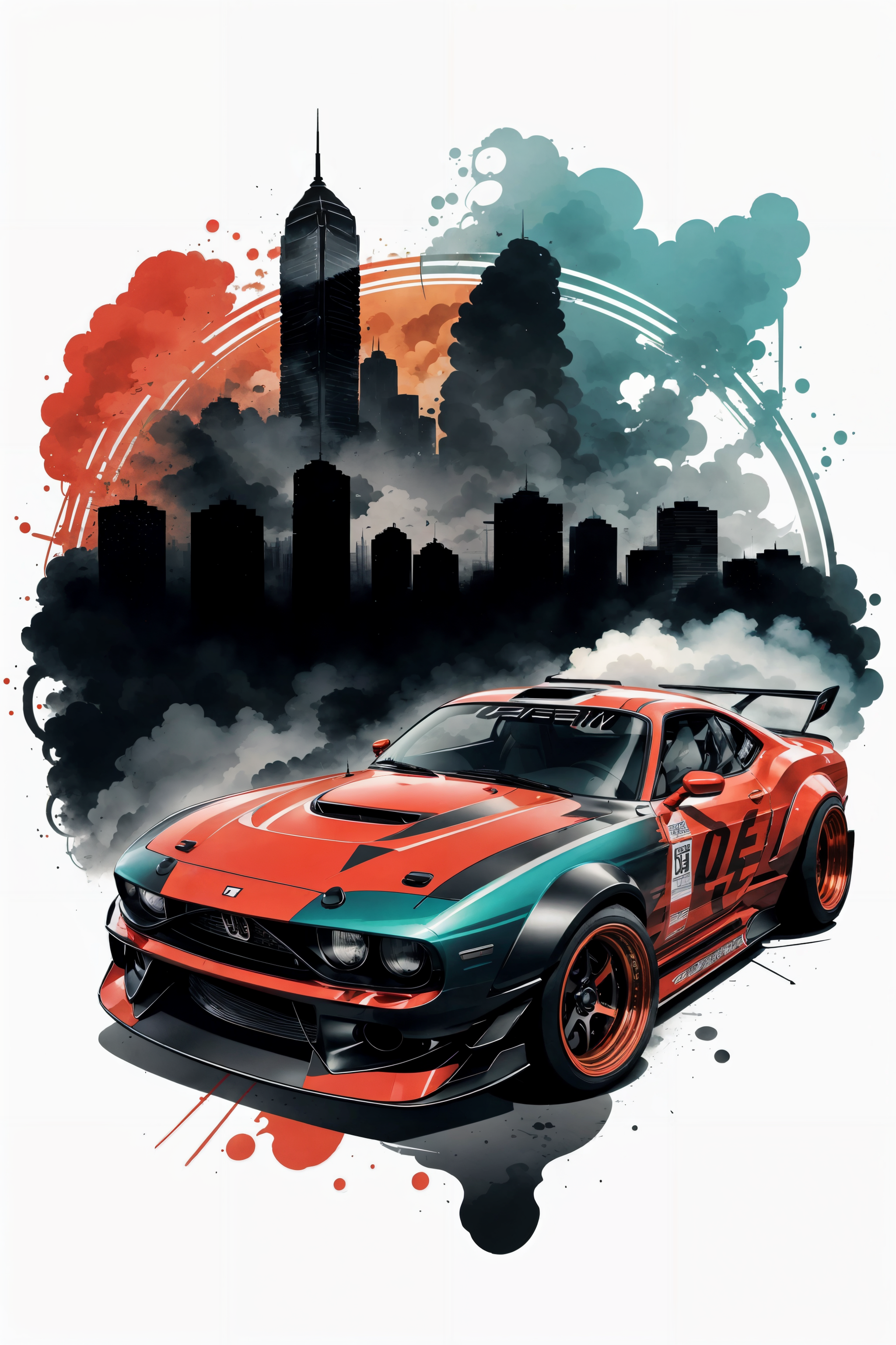 01507-3638795972-Vector illustration, scenery, ink, pop art, circle, sketch, cardrifting, smoke, burn, 1 car,  tuned JDM car, wide fenders, big r.png